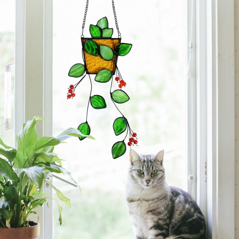 Royxen Stained Glass Window Hanging  Sun Catcher  Suncatchers for Windows Hanging  Green Plants with Yellow Pot - Image 4